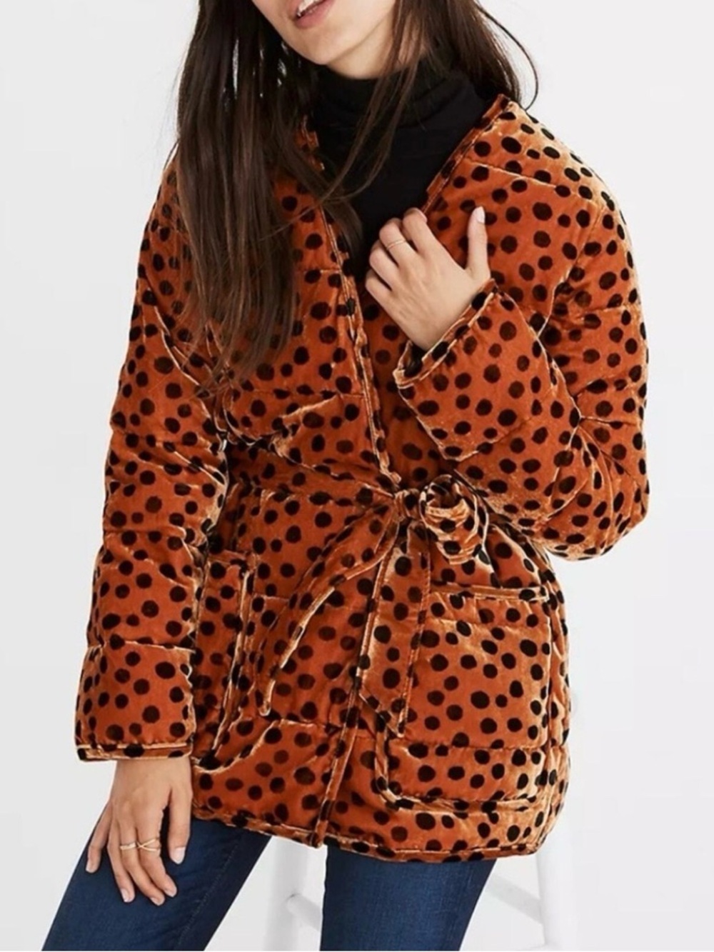 Madewell Rust Velvet Polka-Dot Puffer Coat